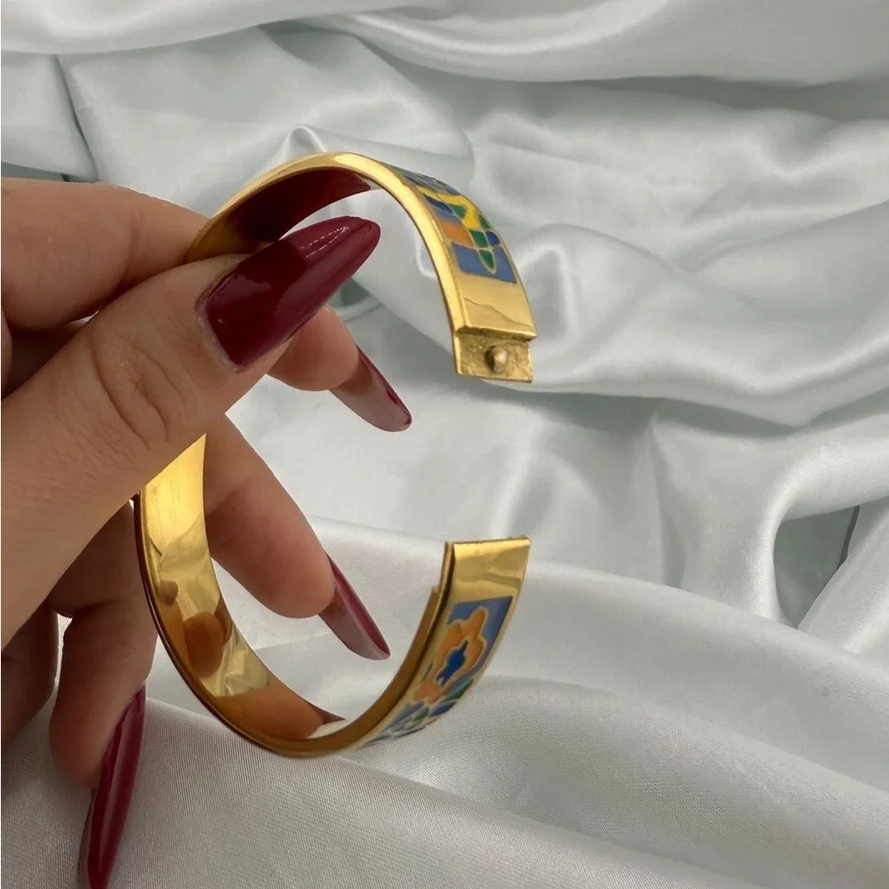 New women stainless steel art Gold and Blue Enamel Bracelet